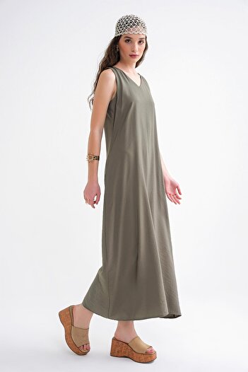 Mixray 4694 Women's Pocket V-Neck Long Basic Dress Khaki