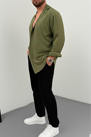 NO 601 Men's Green Wrinkled Shirt Black Trousers Set