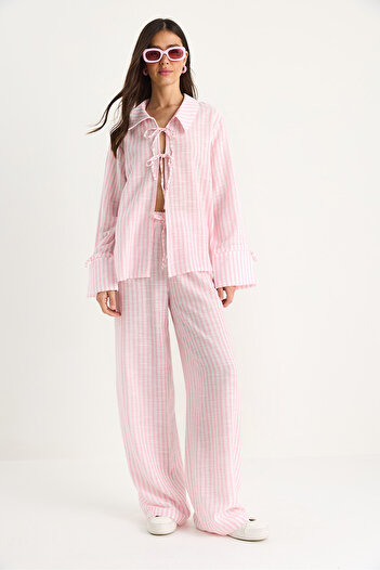 Bianco Lucci Women's Lacing Detailed Large Cuffed Striped Summer Cotton Bottom-Top Suit 36471 60283357