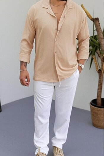 NO 601 Men's Beige Wrinkled Shirt White Trousers Suit