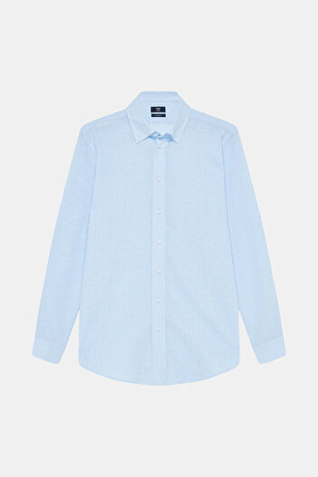 W Collection MAVİ UZUN KOLLU ÇİZGİLİ PAMUK/KETEN GÖMLEK