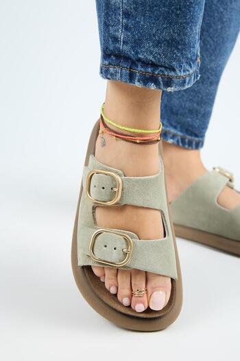 Manijero Lavanda Women's Genuine Leather Double Buckle Water Green Slippers