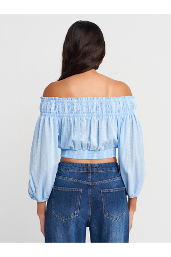 Dilvin 50258 Off-The-Shoulder Buttoned Top-Light Blue