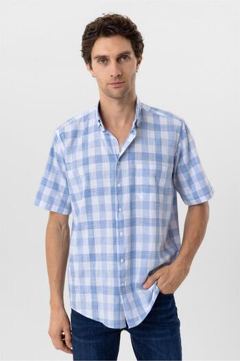 SÜVARİ Ice Blue Regular Fit Plain Button Collar Short Sleeve Shirt