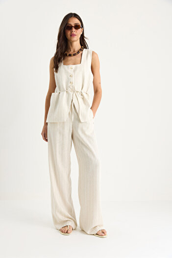 Bianco Lucci Women's Square Collar Vest with Wide Pants Thin Stripe Linen Bottom-Top Suit 9341 60281054