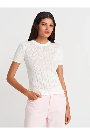 Dilvin 10762 Crew Neck Openwork Ruffled Blouse-White