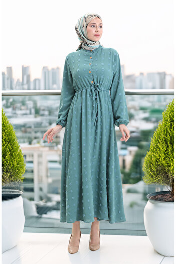 sefamerve Viscose Fabric Half Buttoned Dress 0064-02 Green