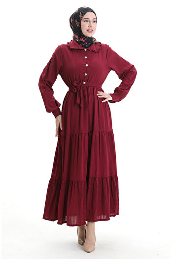 sefamerve Half Button Gathered Dress 2042-03 Burgundy