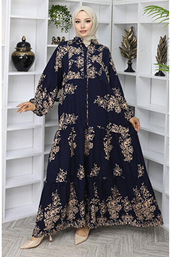 sefamerve Viscose Fabric Half Button Dress 2044-01 Navy Blue