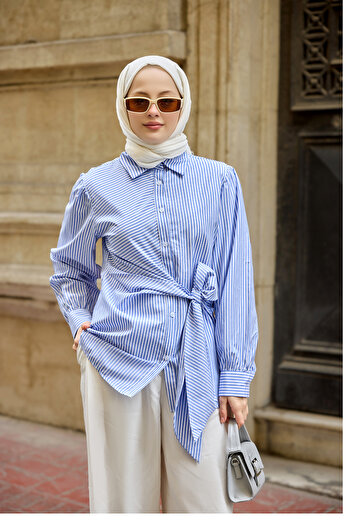 LOCCO Women's Side Tie Striped Shirt Blue