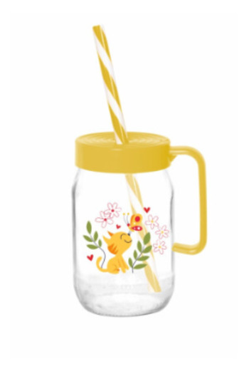 Herevin 370 Cc Cat Patterned Glass Cup with Straw and Handle / Bpa Free