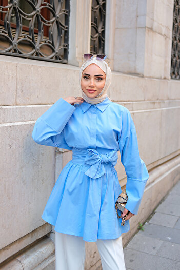 LOCCO Women's Long Belted Shirt Blue
