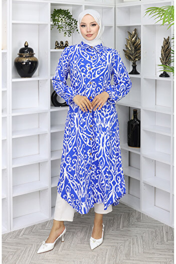 sefamerve Viscose fabric full-length buttoned patterned tunic 0072-02 saks white