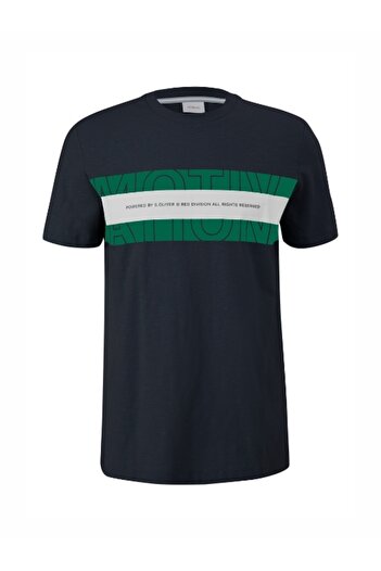 s.Oliver Men's big size T-shirt with neckline and navy blue logo print