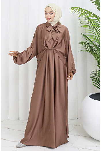 sefamerve Tie Collar Satin Dress 6204-02 Milky Coffee