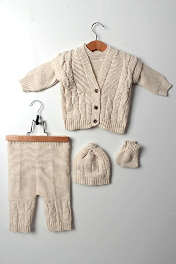 Çocuksan Baby&Kids Wear Bej 5 Parça Unisex Kız-Erkek Bebek Takım Örgülü Triko Bebek Takım