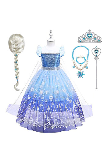 EvrikaUnity Elsa Frozen 2 Dress for Children, Set with Wig, Jewelry and Accessories, 6-7 years, 140 cm, Blue