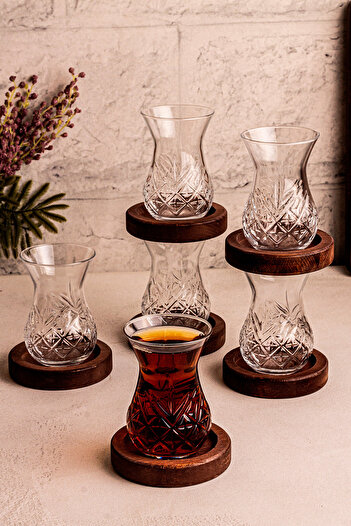 Snippy Trady - 6-Piece Glass Tea Set 12-Piece Wooden Base Glass Tea Set Set 6-Person Tea Plate