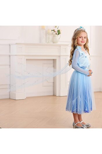 EvrikaUnity Elsa Frozen 2 Dress for Girls, Set with Crown, Wig and Accessories, 3-4 Years, 110 cm, Blue