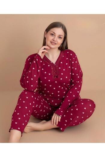 PİJAMERRY Women's Plus Size Pajamas Set Lace Collar Bamboo Long Sleeve 5547
