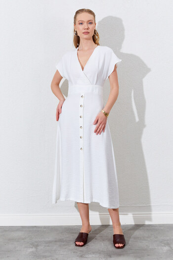 EDITION WOMAN Double Breasted Collar Skirt Buttoned Modal Dress - Ecru |   28-1871