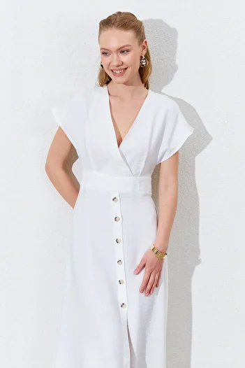 EDITION WOMAN Double Breasted Collar Skirt Buttoned Modal Dress - Ecru |   28-1871