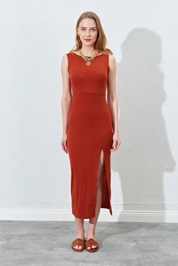 EDITION WOMAN Front Slit Back V Detailed Strap Dress - Tile |   28-1690