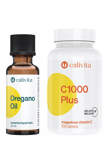 Calivita Oregano Oil (30 ml) + Vitamin C 1000 Plus (100 tablets) Food Supplement for Cold and Flu - Calivita