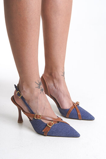 moon glow Navy Blue Denim Color Pointed Toe Open Back Women's Stiletto Heeled Shoes Thin Heeled Shoes