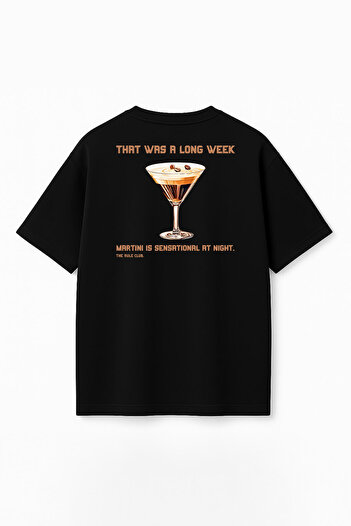 THE RULE Unisex Cocktail Printed Oversize 100% Cotton Wide Cut Textured Crew Neck Black T-Shirt Rf0513