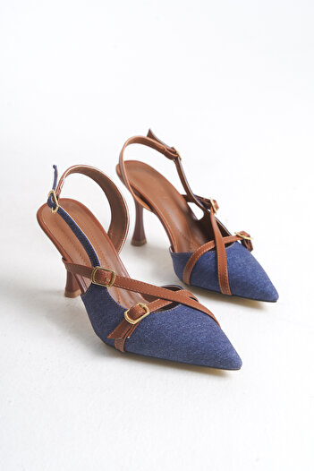 moon glow Navy Blue Denim Color Pointed Toe Open Back Women's Stiletto Heeled Shoes Thin Heeled Shoes