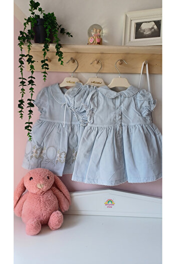 Moonstar Mavi Vintage Pamuklu Bebe Yaka Elbise