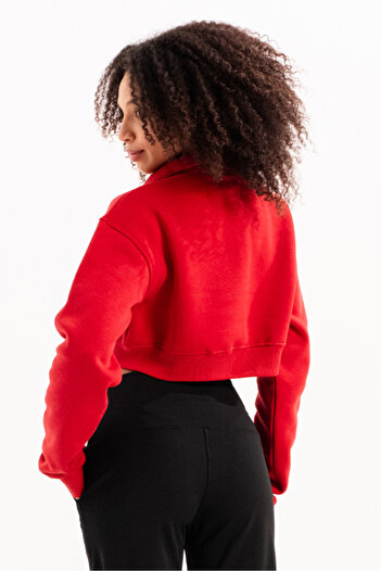 C&City Crop Dik Yaka Yarı Fermuarlı Şardonlu Kadın Sweatshirt Vibe Kırmızı