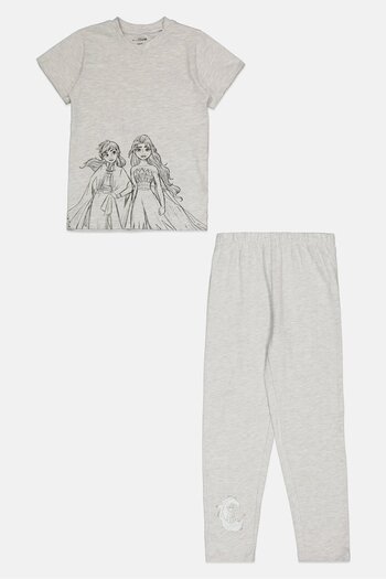 Disney Frozen Toddlers Girl 2 Pcs Graphic Print Top And Bottom Pajama Set, Grey