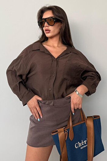 Madmext Brown Pocket Women's Long Sleeve Shirt Mg2409