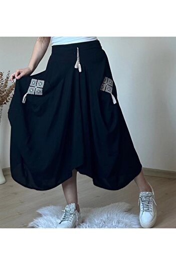 Vale Women's Black Shalwar Skirt with Side Embroidery and Pockets