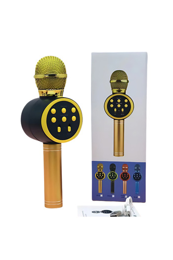 MACVI Macvi® Wireless Karaoke Microphone with Bluetooth Speaker, USB, SD Card, 3.5mm Jack, Micro-USB, Black-Gold