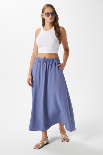 Ritnice Women's Trend Cool Fabric Indigo Waist Elastic Pocket Comfortable Fit Long Skirt