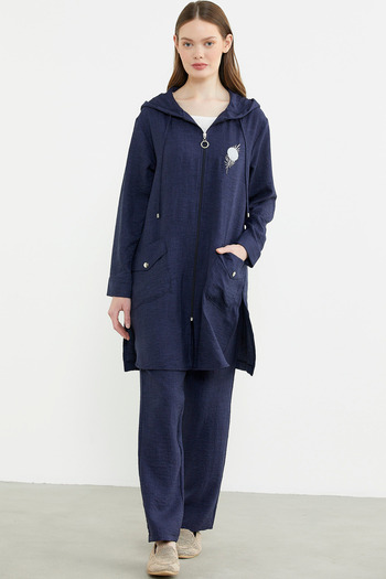 Sementa Large Size Linen Look Three Piece Set - Navy Blue