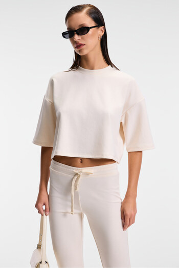GRIMELANGE Vela Women's Stretchy Fabric Crew Neck Oversize Fit Beige T-Shirt