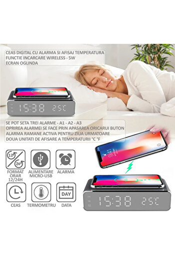 NEXTLY Digital Clock With Alarm And Temperature Sensor, , Wireless Charging Function For