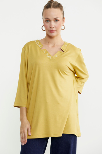 Sementa Plus Size Three Quarter Sleeve Collar Detailed T-Shirt - Mustard
