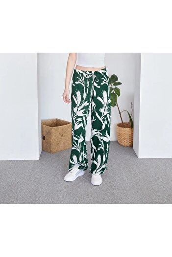 DOMİ Women's Patterned, Summer Viscose Elastic Waist Trousers