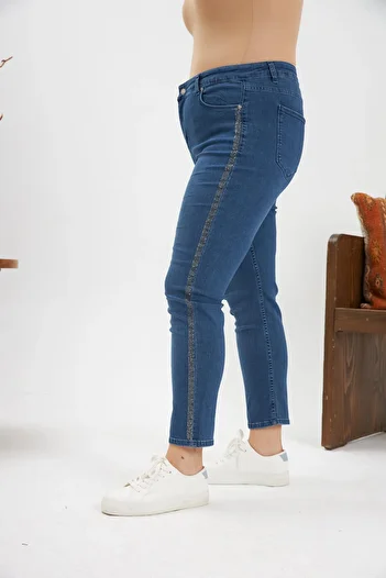 RMG Plus Size Blue Jeans with Stone Stripe Detail on the Sides