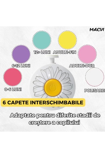 MACVI Set Pila Unghii Electric Macvi® pentru Copii si Bebelusi, 6 Capete, Silentios, Compact, Alb