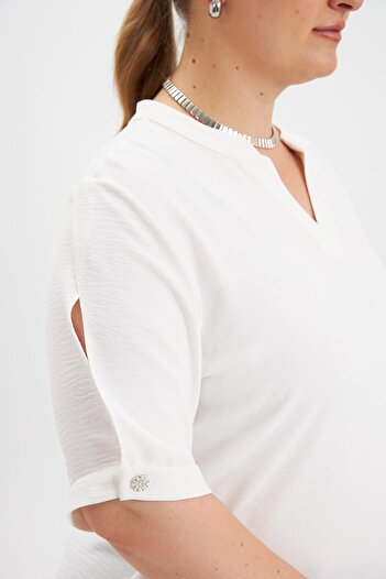 RMG Large Size Blouse with Sleeve Slit Detail Ecru