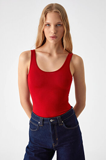 GRIMELANGE Chiles Women's Slim Round Neck Sleeveless Red Blouse with Snap Fasteners