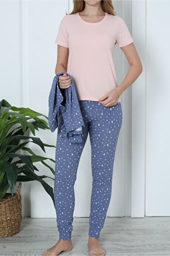 Nicoletta Kadın Pijama Uzun Kollu Düğmeli Pijama Takımı Cepli Pamuk  3 Lü Takım Kısa Kollu INDIGO