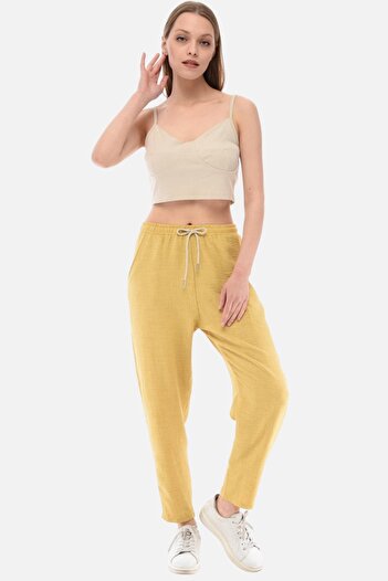 CEDY DENIM Kadın Yazlık Sentetik Keten Yüksek Bel Lastikli Dar Paça Mom Pantolon C611