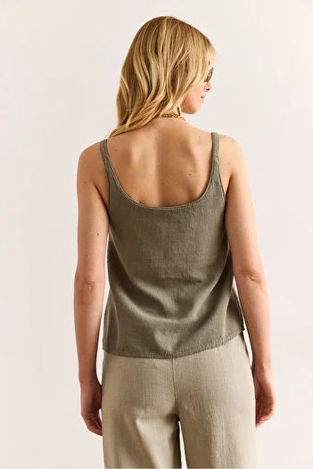 Olalook Women's Khaki Strap Accessory Washed Buckle Linen Blouse Blz-19002991